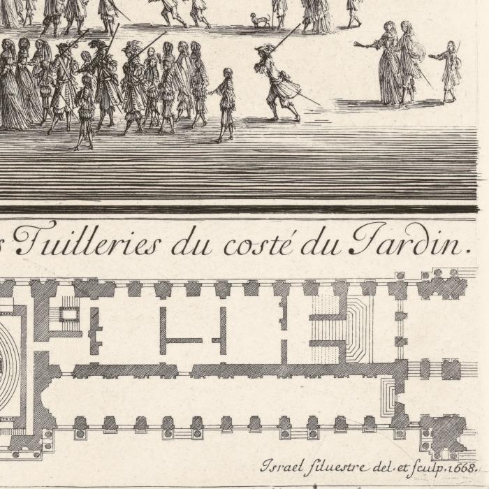 Le palais des Tuileries du côté des jardins, avec le plan du rez-de-chaussée - Une estampe d’après Israël Silvestre