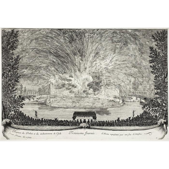 Destruction of the palace of Alcine and its enchantments over the island, represented by fireworks - Une estampe d’après Israël Silvestre