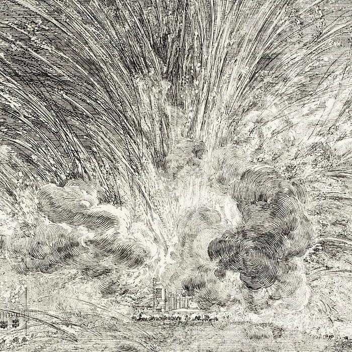 Destruction of the palace of Alcine and its enchantments over the island, represented by fireworks - Une estampe d’après Israël Silvestre