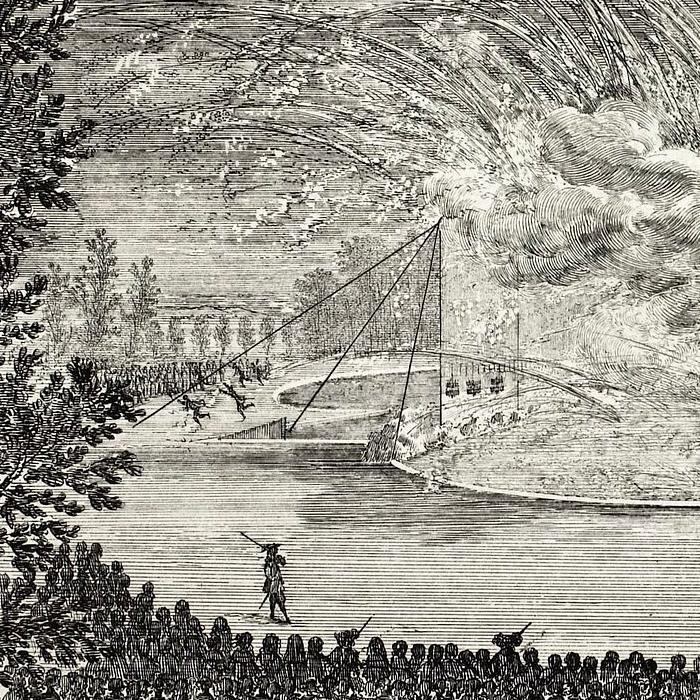Destruction of the palace of Alcine and its enchantments over the island, represented by fireworks - Une estampe d’après Israël Silvestre