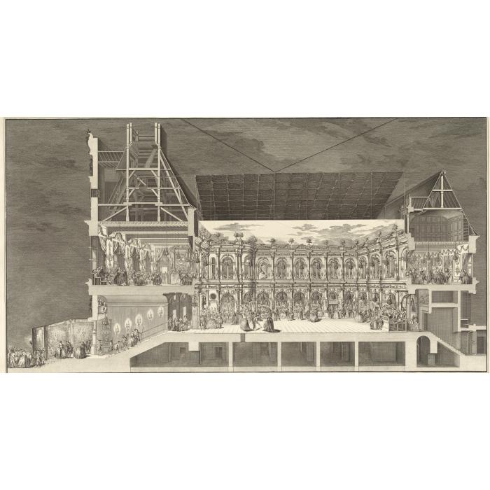 Fête pour le mariage de Louise-Elisabeth de France . Coupe du bâtiment de l’Hôtel de Ville avec les décorations et les illuminations de la cour - Une estampe d’après Jacques-François Blondel
