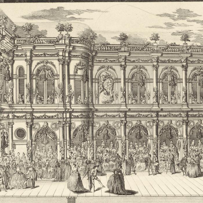 Fête pour le mariage de Louise-Elisabeth de France . Coupe du bâtiment de l’Hôtel de Ville avec les décorations et les illuminations de la cour - Une estampe d’après Jacques-François Blondel