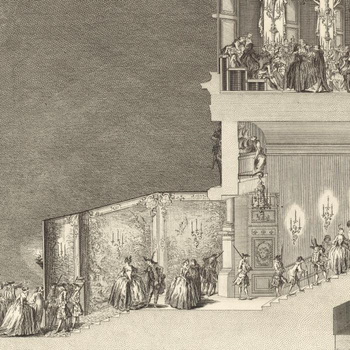Fête pour le mariage de Louise-Elisabeth de France . Coupe du bâtiment de l’Hôtel de Ville avec les décorations et les illuminations de la cour - Une estampe d’après Jacques-François Blondel