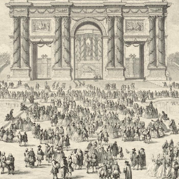 Décoration de la terrasse du château de Versailles à l’occasion de la naissance du duc de Bourgogne (1741) - Une estampe d’après René-Michel Slodtz