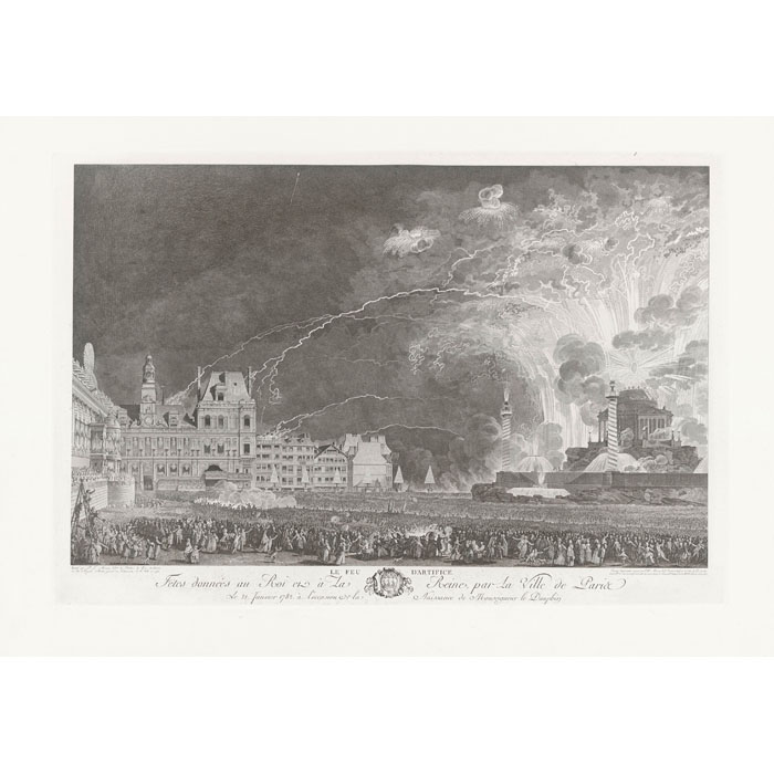 Le feu d’artifice tiré sur la place de l’Hôtel de Ville, le 21 janvier 1782 - Une estampe d’après Jean-Michel Moreau