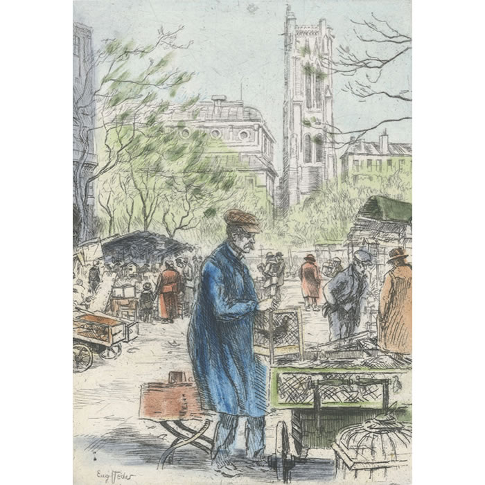 Le marché aux oiseaux et la tour Saint-Jacques - Une estampe d’après Eugène Véder