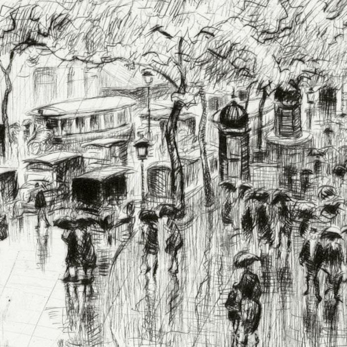 Pluie d’automne, boulevard des Capucines à Paris - Une estampe d’après Frank Milton Armington