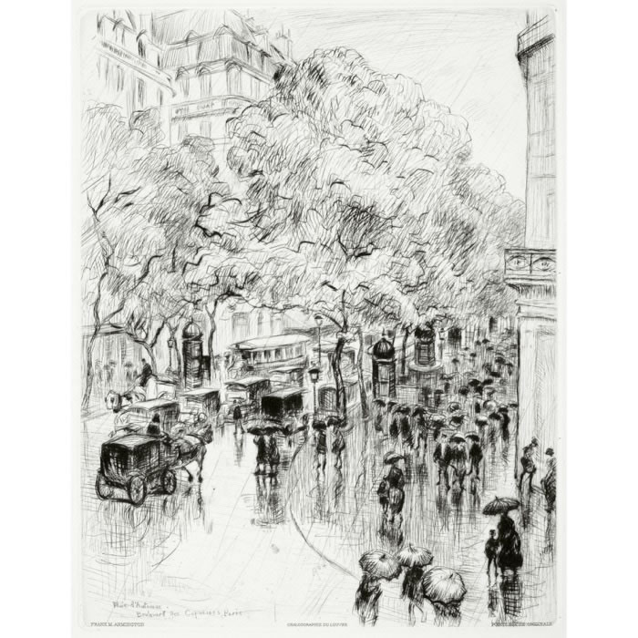 Pluie d’automne, boulevard des Capucines à Paris - Une estampe d’après Frank Milton Armington