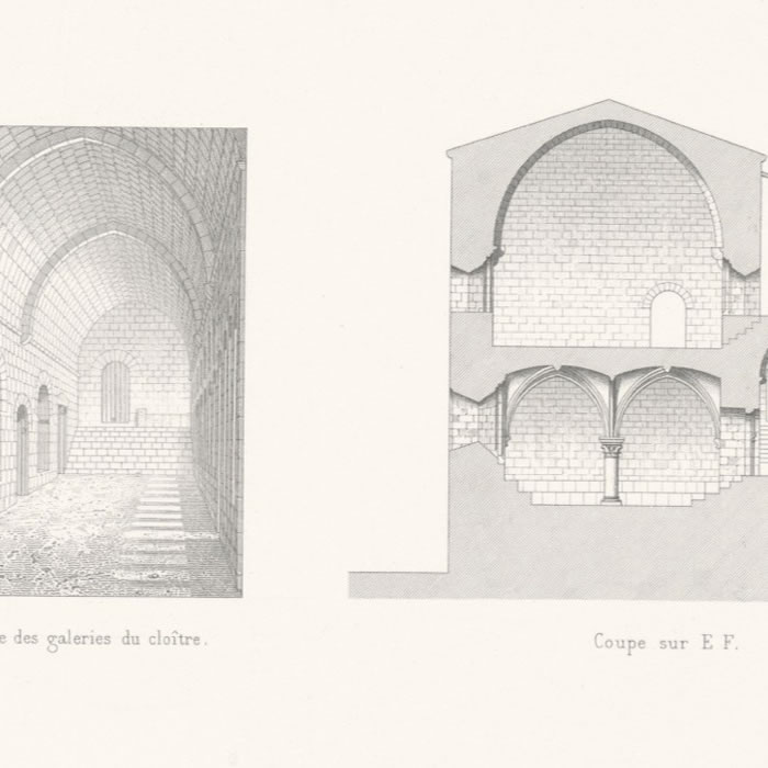 Abbaye du Thoronet, vue de l’une des galeries du cloître ; coupe sur EF ; autel ; chapiteau dans la salle capitulaire ; coupe sur AB - Une estampe d’après Charles-Auguste Questel