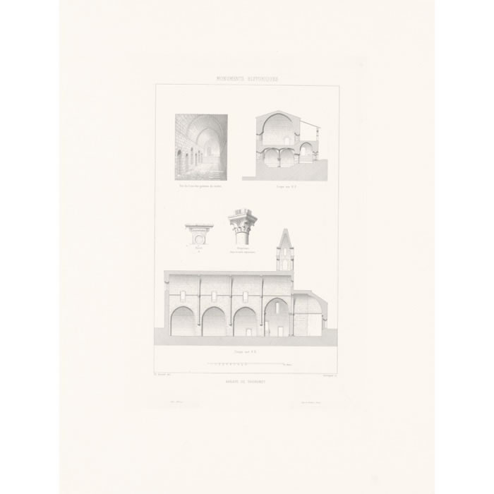 Abbaye du Thoronet, vue de l’une des galeries du cloître ; coupe sur EF ; autel ; chapiteau dans la salle capitulaire ; coupe sur AB - Une estampe d’après Charles-Auguste Questel