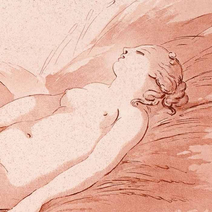 Femme nue couchée sur le dos à côté d’un vase répandant de l’eau - Une estampe d’après François Boucher