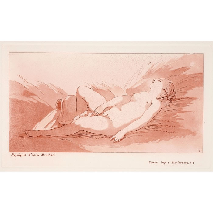 Femme nue couchée sur le dos à côté d’un vase répandant de l’eau - Une estampe d’après François Boucher