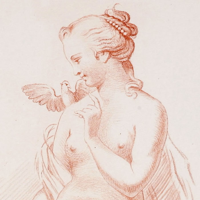 Femme nue debout ayant une colombe sur l’épaule - Une estampe d’après François Boucher