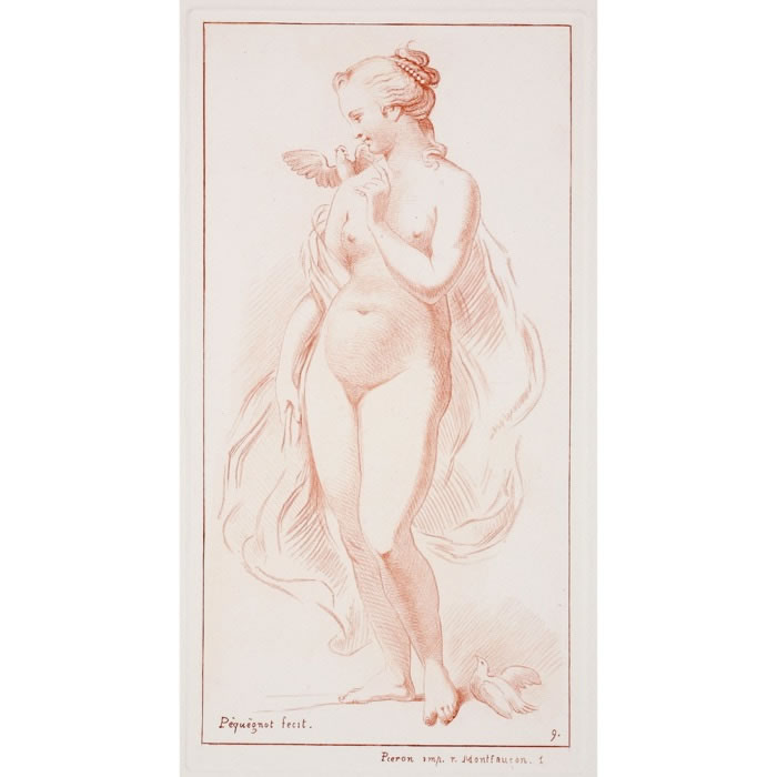 Femme nue debout ayant une colombe sur l’épaule - Une estampe d’après François Boucher