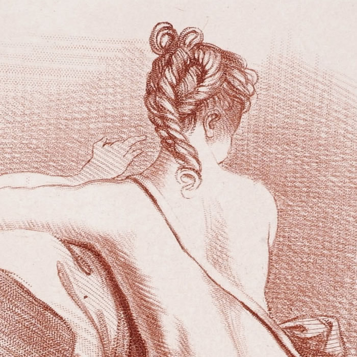 Femme à demi nue de dos, les jambes dans une draperie - Une estampe d’après Charles Eisen