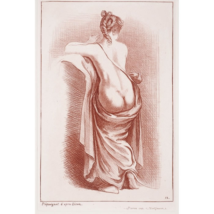 Femme à demi nue de dos, les jambes dans une draperie - Une estampe d’après Charles Eisen