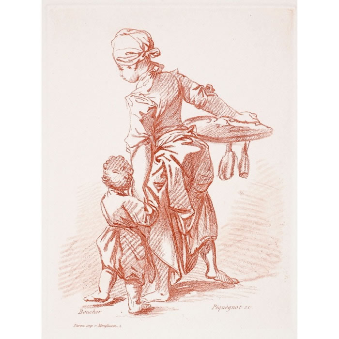Femme tenant un enfant par la main - Une estampe d’après François Boucher