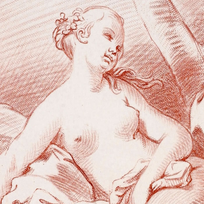 Jeune fille nue entre un panier de fleurs et deux colombes se becquetant - Une estampe d’après François Boucher