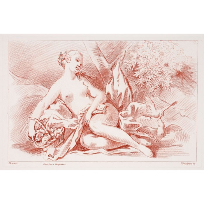 Jeune fille nue entre un panier de fleurs et deux colombes se becquetant - Une estampe d’après François Boucher