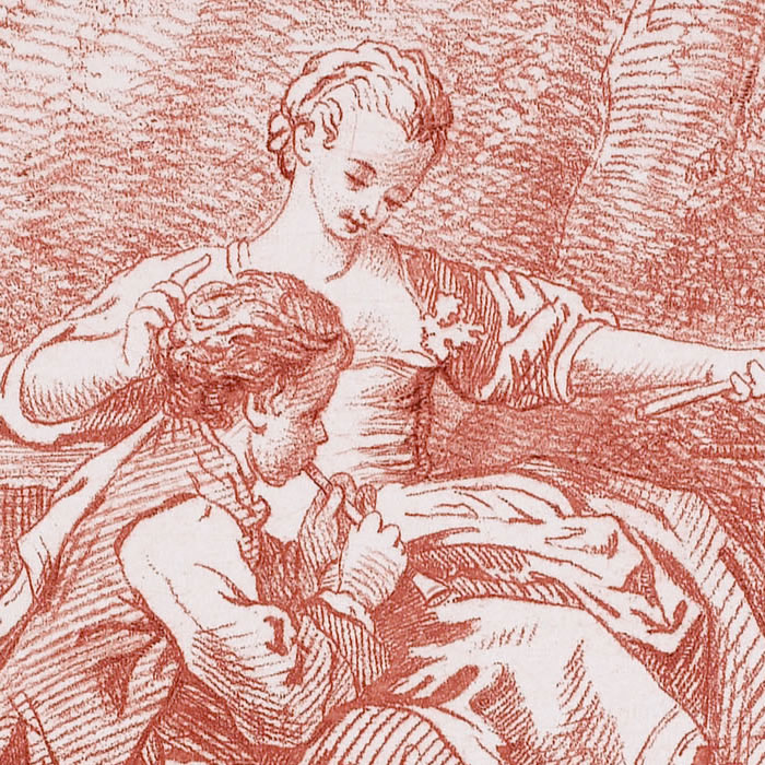 Jeune bergère pêchant à la ligne à côté d’un jeune berger jouant de la flûte - Une estampe d’après François Boucher