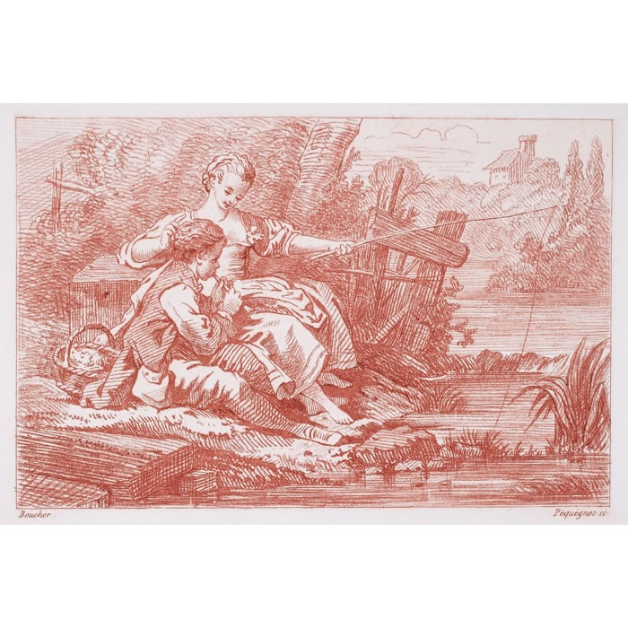 Jeune bergère pêchant à la ligne à côté d’un jeune berger jouant de la flûte - Une estampe d’après François Boucher