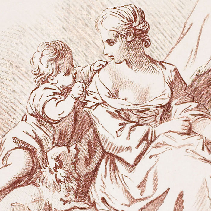 Jeune fille assise à côté d’un enfant et d’un chien - Une estampe d’après François Boucher