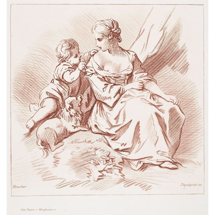 Jeune fille assise à côté d’un enfant et d’un chien - Une estampe d’après François Boucher