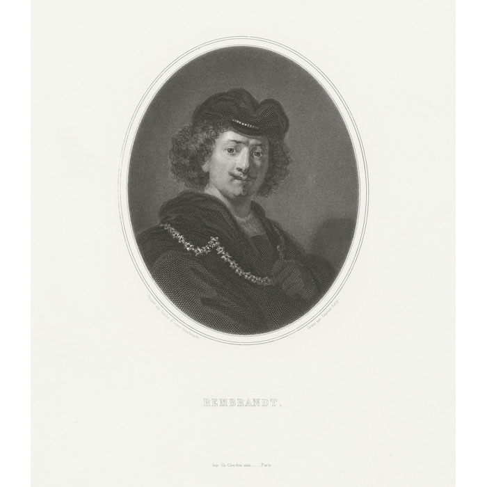 Portrait of Rembrandt with a hat and golden chain - Une estampe d’après  Rembrandt van Rijn