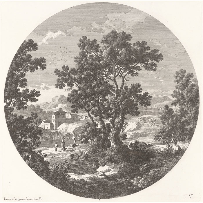 Paysage aux trois arbres avec fabrique - Une estampe d’après Gabriel Pérelle