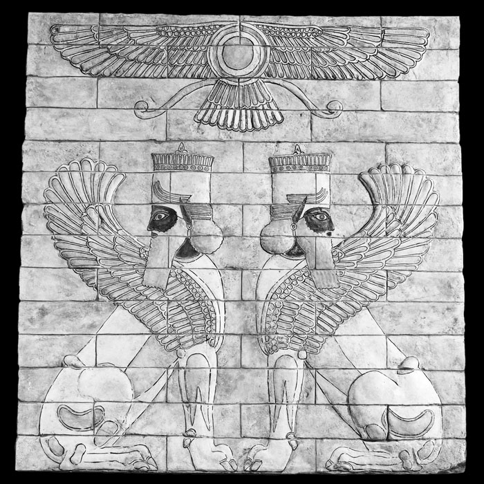 Bas-relief of two sphinxes facing each other - Eastern antiquities - Reproduction d’une sculpture du Musée du Louvre, Paris