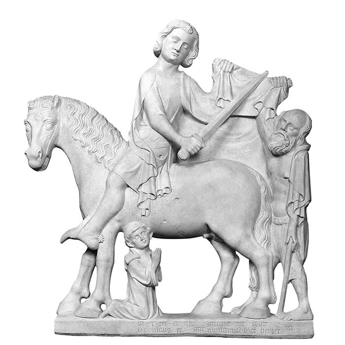 Bas-relief of Saint Martin sharing his cloak - Middle Ages - Reproduction d’une sculpture de l’Église de Saint-Martin-aux-Bois, Saint-Martin-aux-Bois