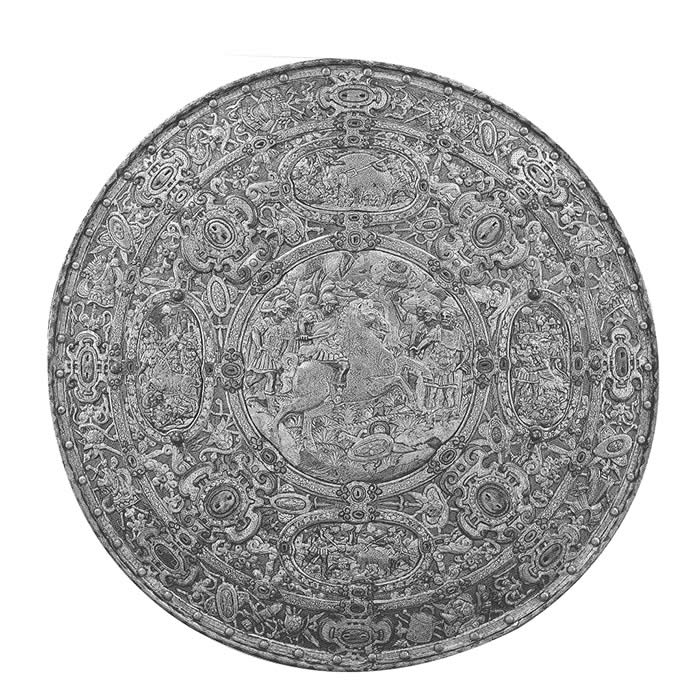 Rondache : bouclier d’Alexandre montant Bucéphale - Renaissance - Reproduction d’une sculpture du Musée militaire royal d’artillerie, Madrid