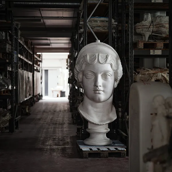 A view in our storage of the Head of Lucilla, daughter of Marcus Aurelius, a large-scale reproduction of a sculpture from the Louvre.